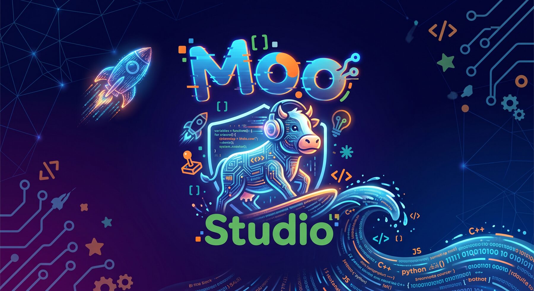 Moo Studio: a circuit-board cow wearing headphones, surfing a wave of source code beneath a neon wordmark.